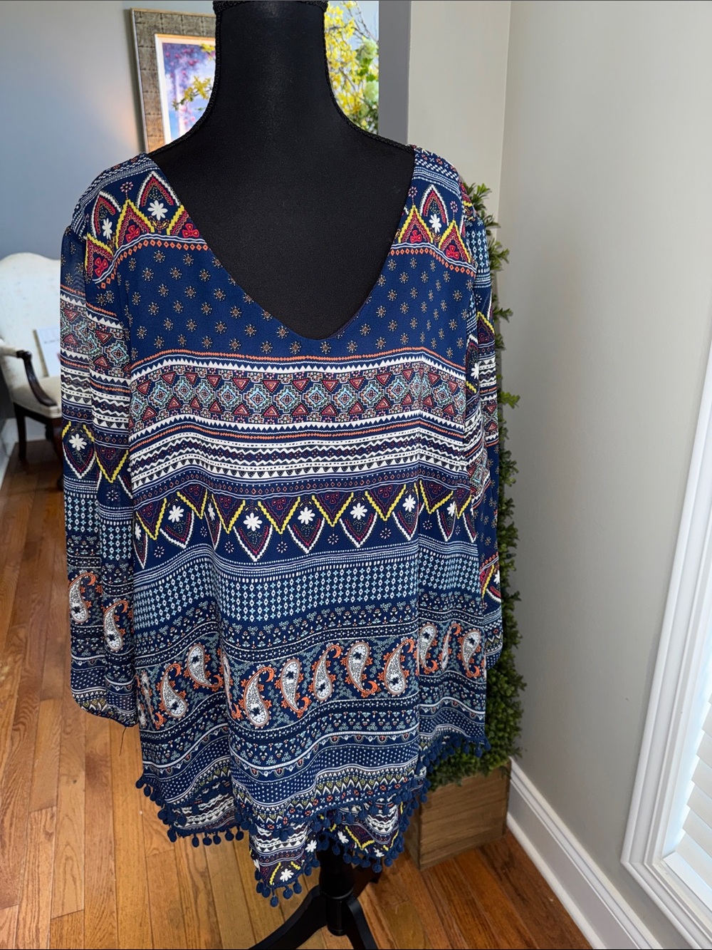 Moa Moa Navy Blue Multi‑Pattern V‑Neck Boho Tunic